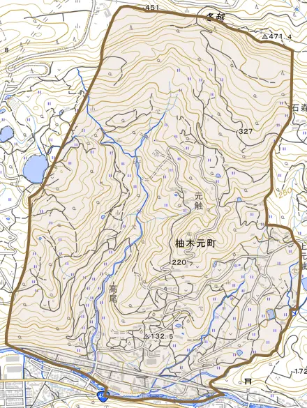 柚木元町とその周辺の地図。町の範囲を重ねている