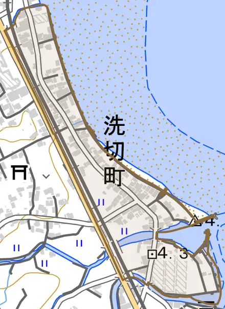 洗切町とその周辺の地図。町の範囲を重ねている