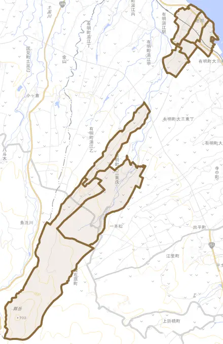 有明町大三東戊とその周辺の地図。町の範囲を重ねている