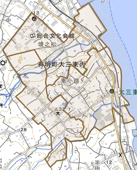 有明町大三東丙とその周辺の地図。町の範囲を重ねている