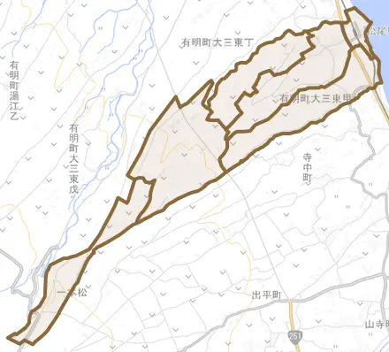 有明町大三東甲とその周辺の地図。町の範囲を重ねている