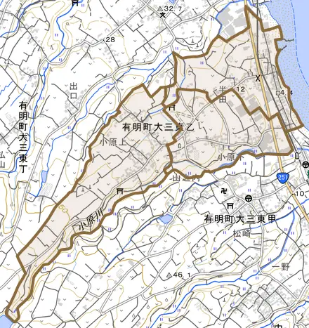 有明町大三東乙とその周辺の地図。町の範囲を重ねている
