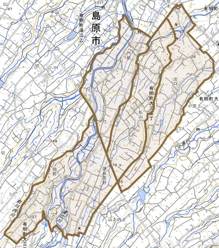 有明町大三東丁とその周辺の地図。町の範囲を重ねている