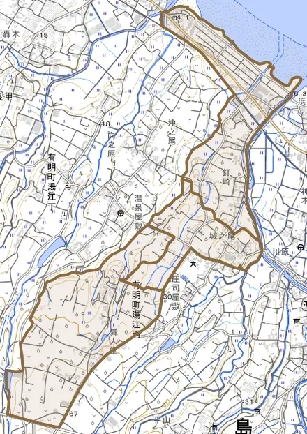 有明町湯江丙とその周辺の地図。町の範囲を重ねている