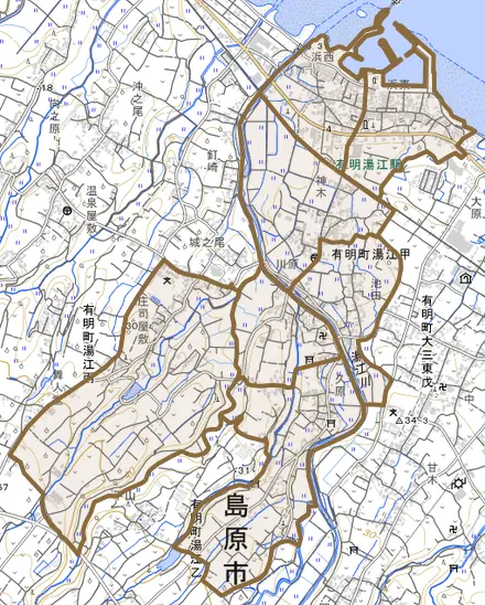 有明町湯江甲とその周辺の地図。町の範囲を重ねている