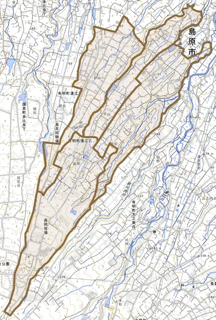 有明町湯江乙とその周辺の地図。町の範囲を重ねている