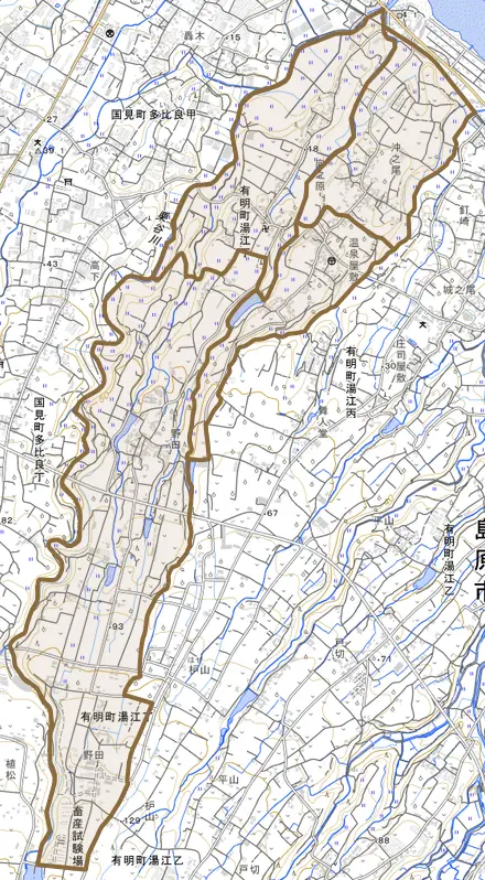 有明町湯江丁とその周辺の地図。町の範囲を重ねている
