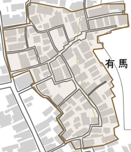 有馬船津町とその周辺の地図。町の範囲を重ねている