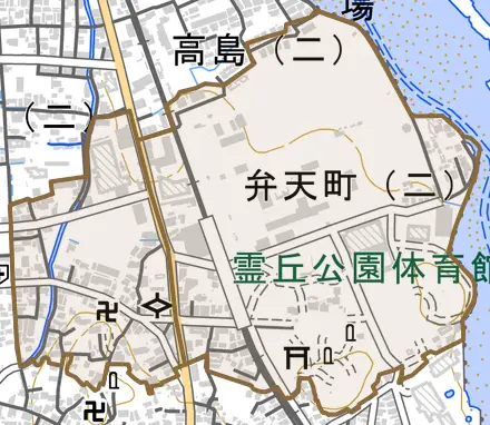 弁天町とその周辺の地図。町の範囲を重ねている