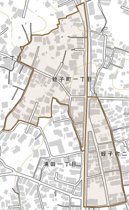 蛭子町とその周辺の地図。町の範囲を重ねている
