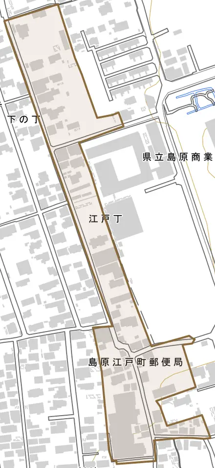 江戸丁とその周辺の地図。町の範囲を重ねている