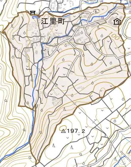 江里町とその周辺の地図。町の範囲を重ねている