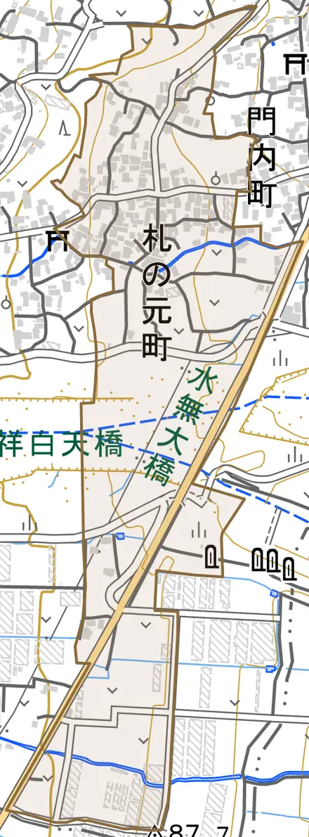札の元町とその周辺の地図。町の範囲を重ねている