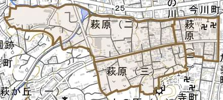 萩原とその周辺の地図。町の範囲を重ねている