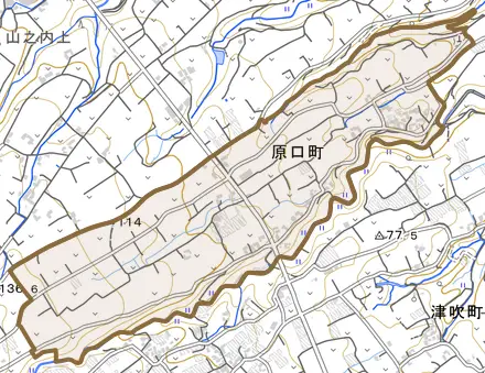 原口町とその周辺の地図。町の範囲を重ねている