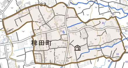 稗田町とその周辺の地図。町の範囲を重ねている
