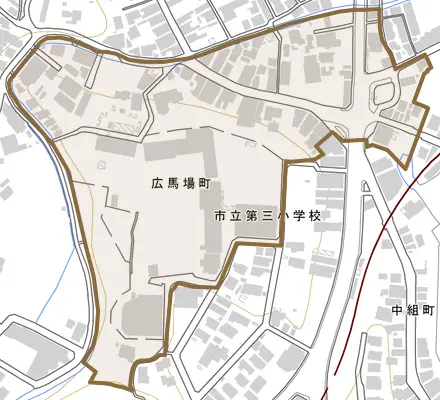 広馬場町とその周辺の地図。町の範囲を重ねている