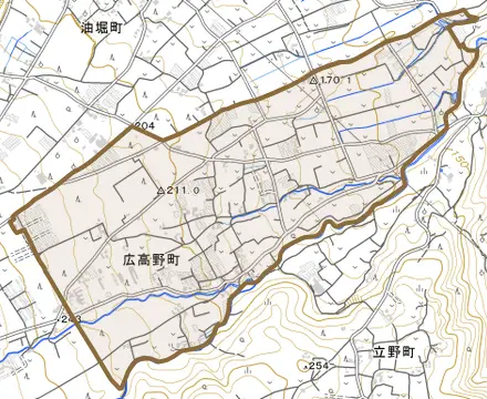 広高野町とその周辺の地図。町の範囲を重ねている
