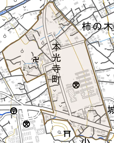 本光寺町とその周辺の地図。町の範囲を重ねている