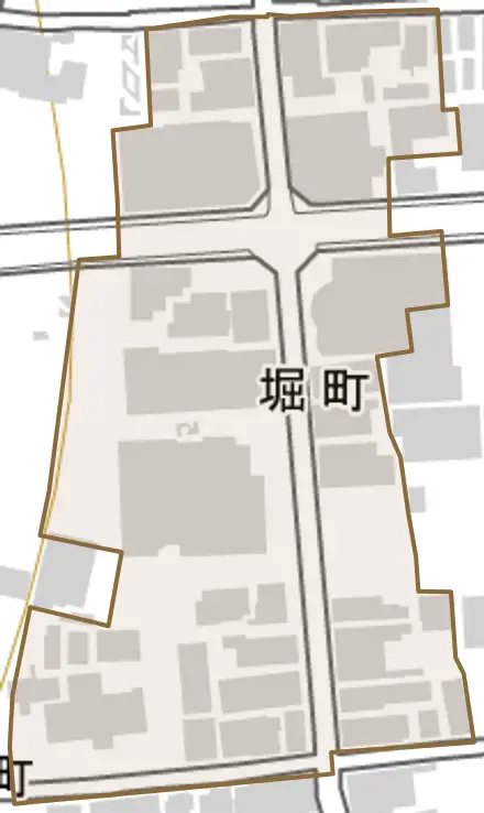 堀町とその周辺の地図。町の範囲を重ねている