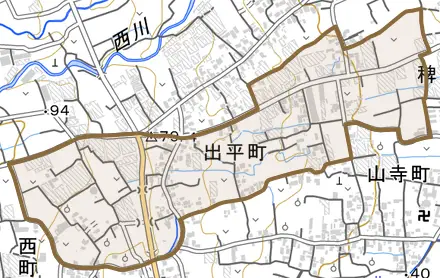出平町とその周辺の地図。町の範囲を重ねている