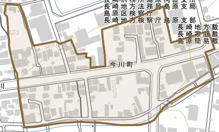 今川町とその周辺の地図。町の範囲を重ねている