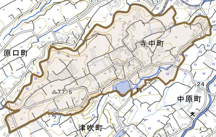 寺中町とその周辺の地図。町の範囲を重ねている