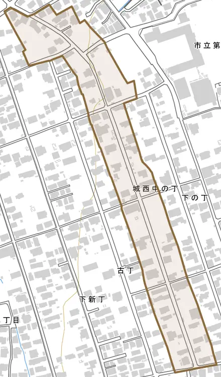 城西中の丁とその周辺の地図。町の範囲を重ねている