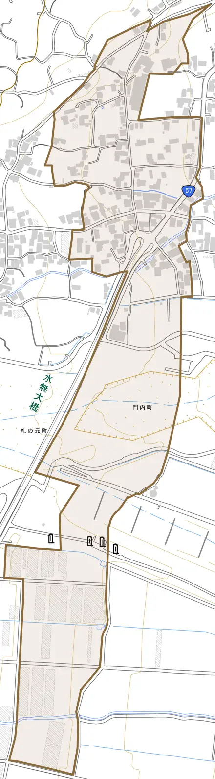 門内町とその周辺の地図。町の範囲を重ねている