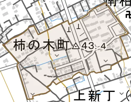 柿の木町とその周辺の地図。町の範囲を重ねている