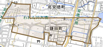 鎌田町とその周辺の地図。町の範囲を重ねている