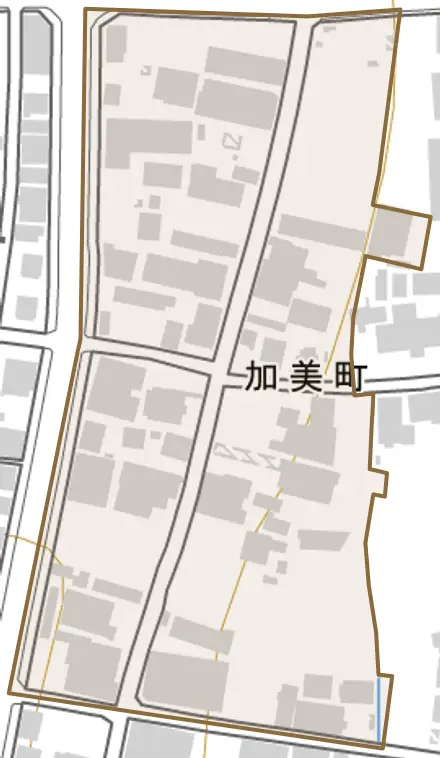加美町とその周辺の地図。町の範囲を重ねている