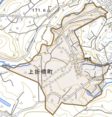 上折橋町とその周辺の地図。町の範囲を重ねている