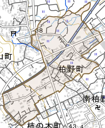 柏野町とその周辺の地図。町の範囲を重ねている