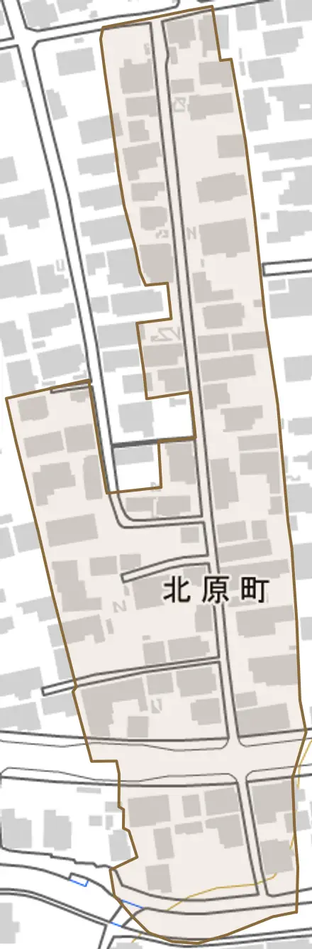 北原町とその周辺の地図。町の範囲を重ねている