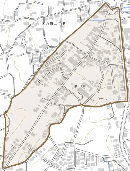 崩山町とその周辺の地図。町の範囲を重ねている