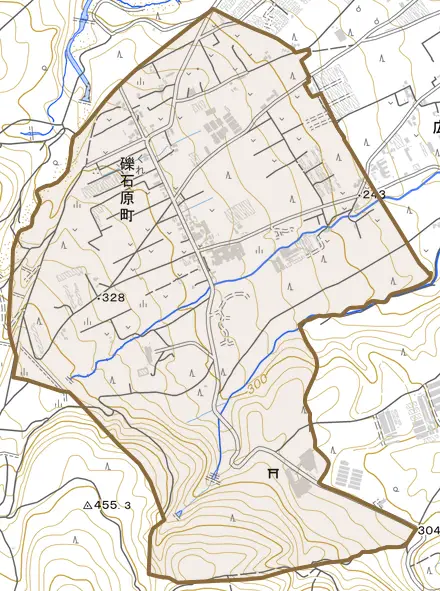 礫石原町とその周辺の地図。町の範囲を重ねている