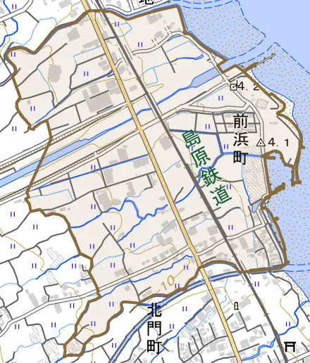 前浜町とその周辺の地図。町の範囲を重ねている