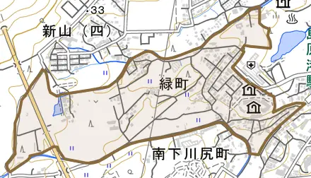 緑町とその周辺の地図。町の範囲を重ねている