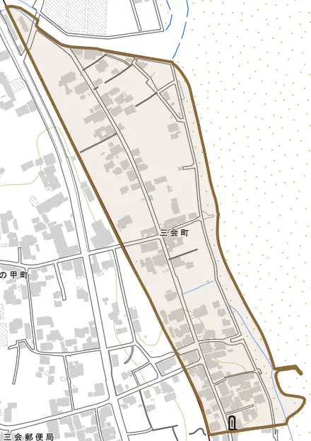 三会町とその周辺の地図。町の範囲を重ねている