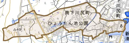 南下川尻町とその周辺の地図。町の範囲を重ねている