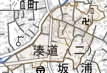 湊道とその周辺の地図。町の範囲を重ねている