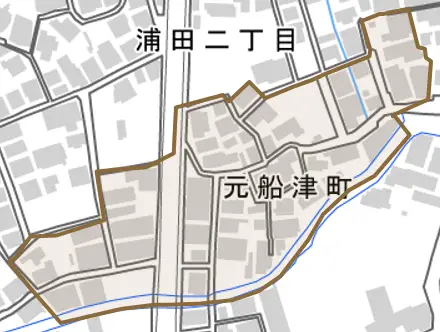 元船津町とその周辺の地図。町の範囲を重ねている