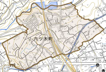六ツ木町とその周辺の地図。町の範囲を重ねている