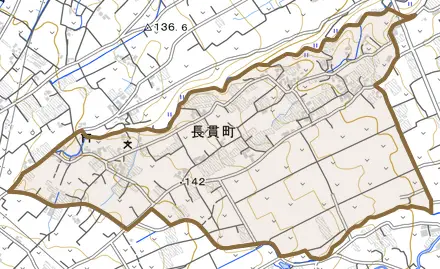 長貫町とその周辺の地図。町の範囲を重ねている