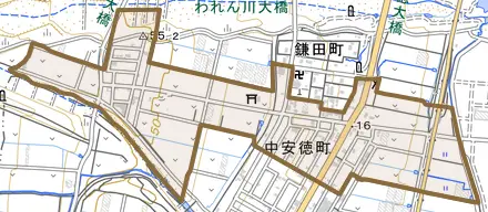 中安徳町とその周辺の地図。町の範囲を重ねている