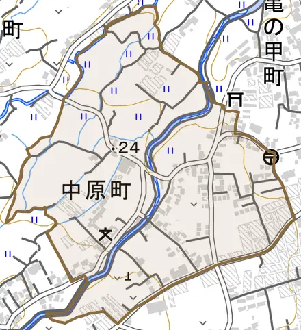 中原町とその周辺の地図。町の範囲を重ねている