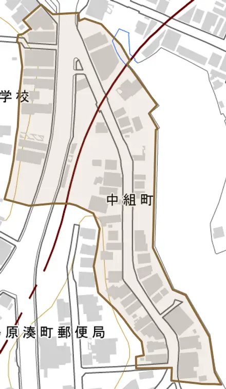 中組町とその周辺の地図。町の範囲を重ねている