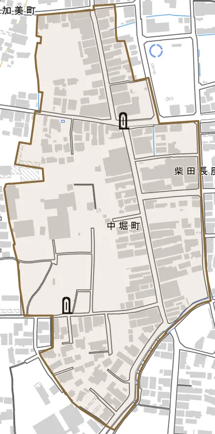 中堀町とその周辺の地図。町の範囲を重ねている