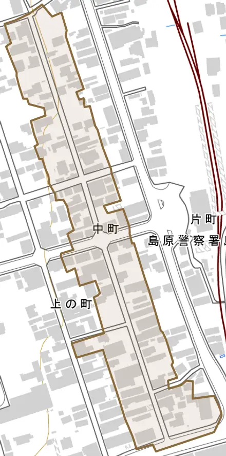 中町とその周辺の地図。町の範囲を重ねている